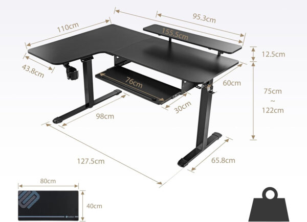 Regulowane biurko narożne EUREKA ERGONOMIC ERK-L60L-B-PRO-EU 155x110 cm - obrazek 3