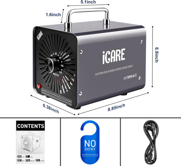 Generator ozonu ICARE 30000 Mg/h, 45W, 45 dB, 16,3 x 21,5 x 16 cm, szary - obrazek 9