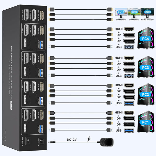 Przełącznik KVM 8K 4xPC 3xMonitor 4K144Hz 2xDP+HDMI 4xUSB 3.0 z kontrolerem - obrazek 5