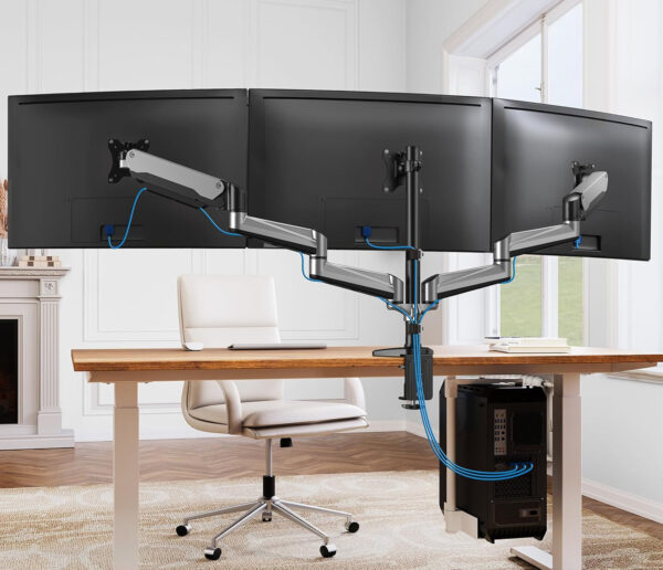 Uchwyt na trzy monitory17-32'' srebrny ergonomiczne ramię HUANUO HNTS3S  biurkowe regulowane - obrazek 3
