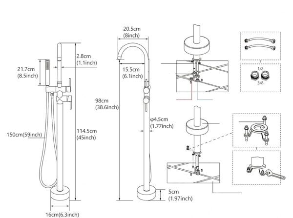 Bateria wannowa ROZIN chrom 150 cm stylowa armatura łazienkowa z nowoczesnym designem - obrazek 9