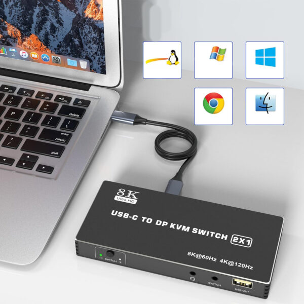 Przełącznik USB-C KVM 2-portowy 8K@60Hz 4K@120Hz z DP 3xUSB 2.0 audio 2 kable USB-C - obrazek 8