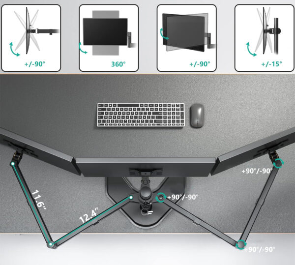 UŻYWANE Stojak na 3 monitory do 27" WALI MF003 regulowany wolnostojący udźwig 22 lbs, czarny - obrazek 7