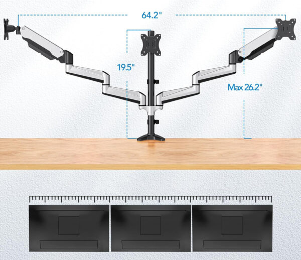 Uchwyt na trzy monitory17-32'' srebrny ergonomiczne ramię HUANUO HNTS3S  biurkowe regulowane - obrazek 4