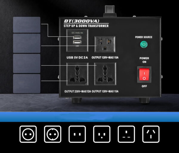 Przetwornica napięcia CREWORKS, 3000 W, od 220-240 V do 110-120 V, USB - obrazek 5