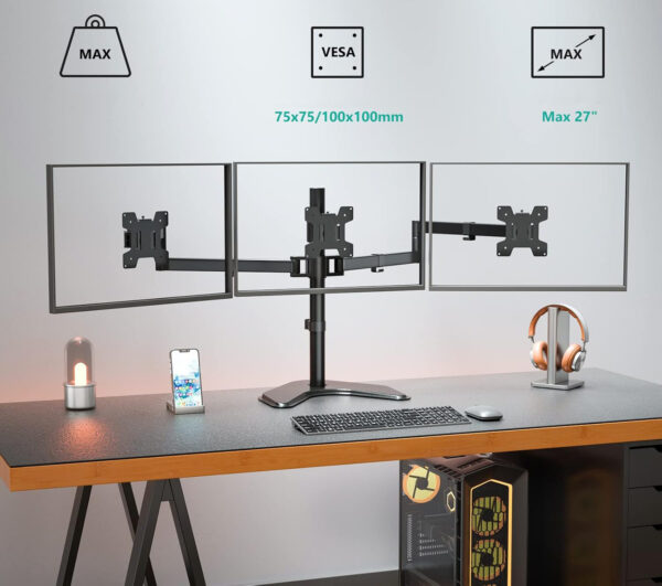 UŻYWANE Stojak na 3 monitory do 27" WALI MF003 regulowany wolnostojący udźwig 22 lbs, czarny - obrazek 4
