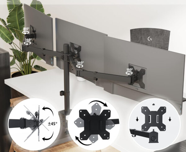 Stojak na trzy monitory BONTEC MDM003, 13-24'', do 10 kg uchwyt biurkowy z regulacją wysokości - obrazek 3