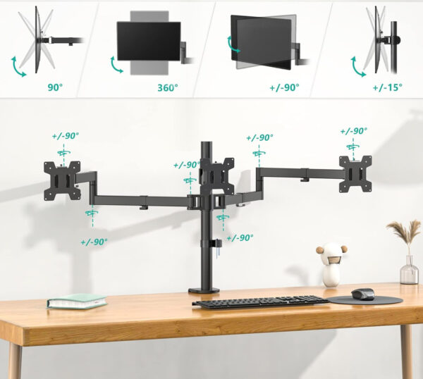 Uchwyt do 3 monitorów WALI M003S czarny 24" regulowany udźwig 7 kg - obrazek 3