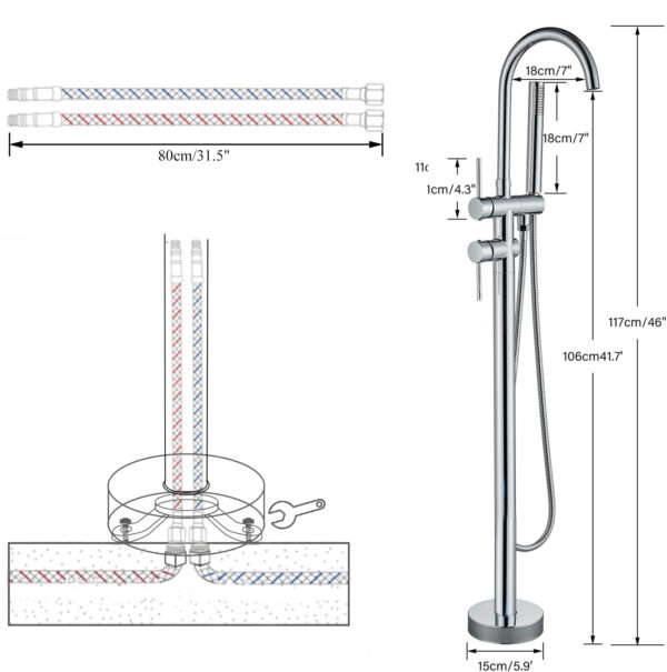 Bateria wannowa ROZIN chrom 150 cm stylowa armatura łazienkowa z nowoczesnym designem - obrazek 8