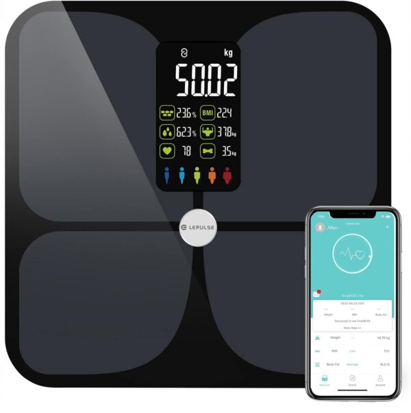 Waga z tkanką tłuszczową Lepulse, LCD Smart 180kg, czarny POWYSTAWOWA