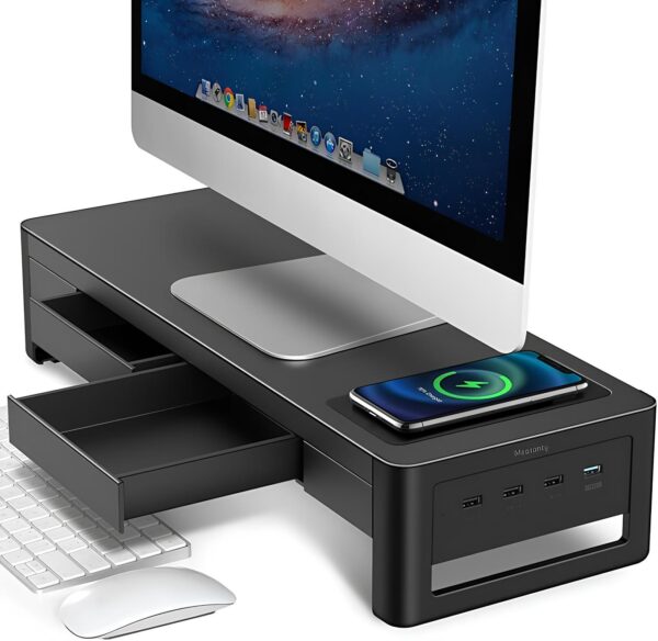 Meatanty Stojak na monitor 3 w 1 z 2 szufladami organizer biurkowy z półką na monitor, klawiaturę i drobiazgi biurowe