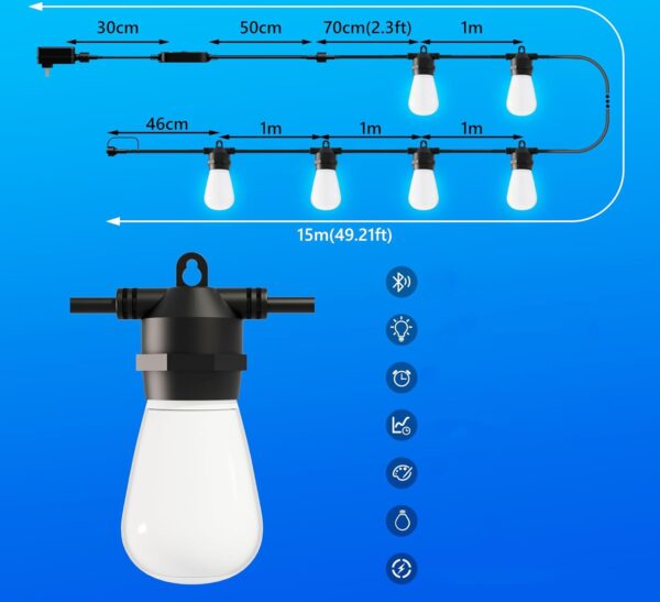 Światła LED Diivoo, 15m z aplikacją Bluetooth, IP65, wodoodporne - obrazek 8
