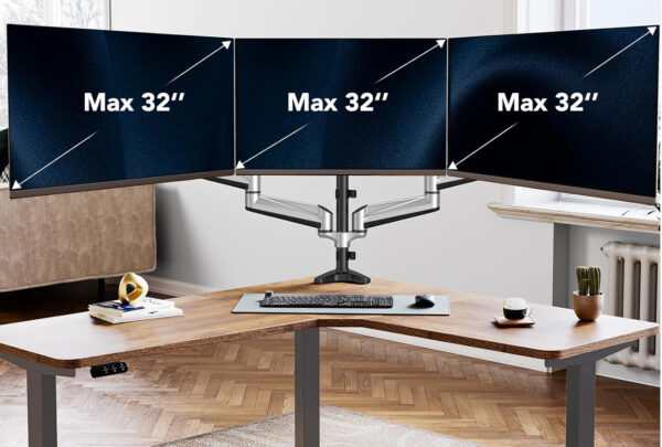 Uchwyt na trzy monitory17-32'' srebrny ergonomiczne ramię HUANUO HNTS3S  biurkowe regulowane - obrazek 2