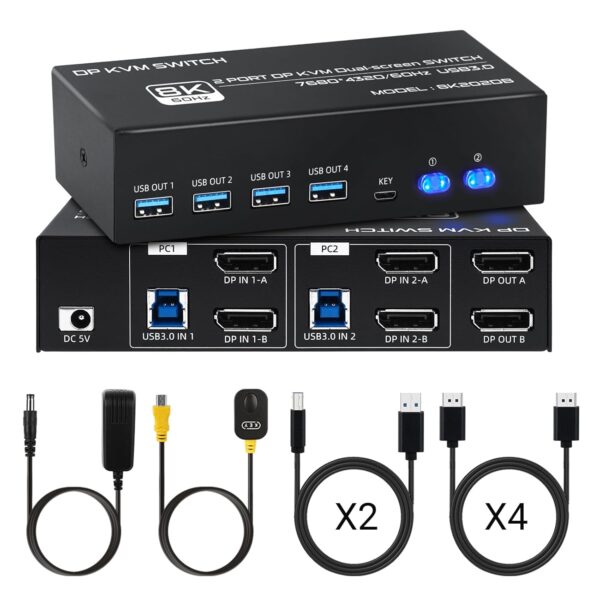 Przełącznik KVM TCNEWCL 4K 144Hz DP 1.4 2×PC 2×monitor 8K 60Hz USB 3.0 z kablami