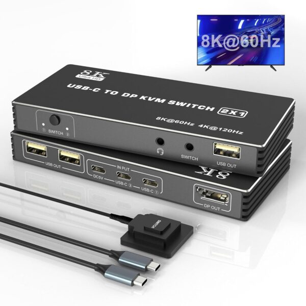Przełącznik USB-C KVM 2-portowy 8K@60Hz 4K@120Hz z DP 3xUSB 2.0 audio 2 kable USB-C