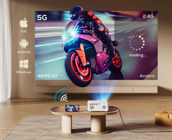 Projektor AKIYO, Full HD 1080P, 10000 lm, 5G Wi-Fi Bluetooth, ze statywem - obrazek 3