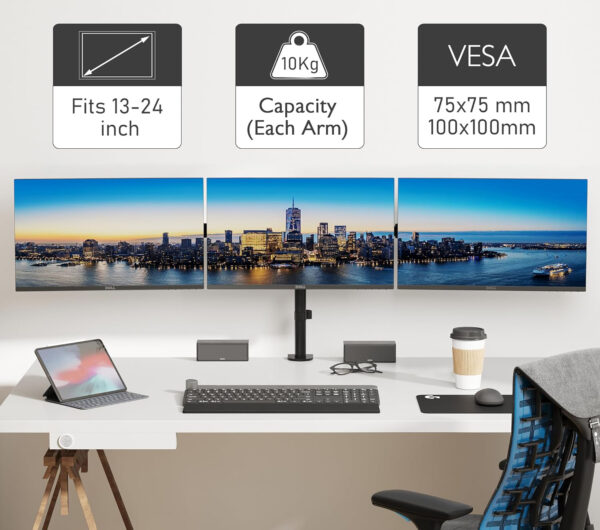 Stojak na trzy monitory BONTEC MDM003, 13-24'', do 10 kg uchwyt biurkowy z regulacją wysokości - obrazek 2