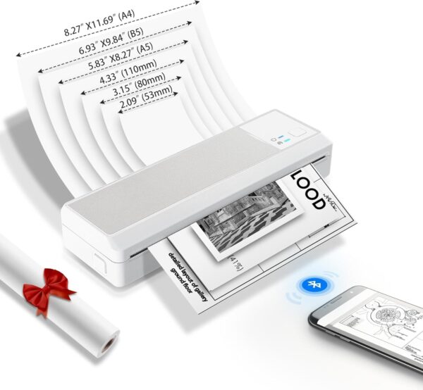 Przenośna drukarka termiczna A4 Vretti P83 Bluetooth Android/iOS do biura i podróży białą