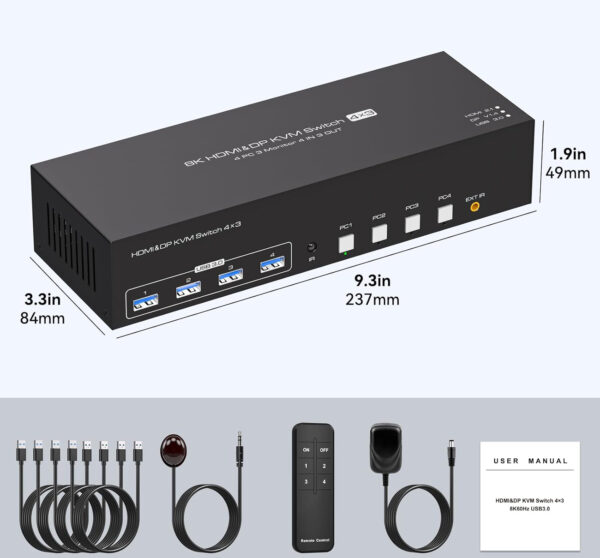 Przełącznik KVM 8K 4xPC 3xMonitor 4K144Hz 2xDP+HDMI 4xUSB 3.0 z kontrolerem - obrazek 7