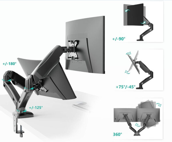 Uchwyty 2 monitory Wali GSMP002 regulowany uchwyt gazowy VESA z C-klamrą 19,8 LB - obrazek 3