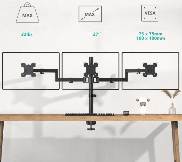 Uchwyt do 3 monitorów 24" WALI M003S regulowany 7 kg na ramię czarny - obrazek 2
