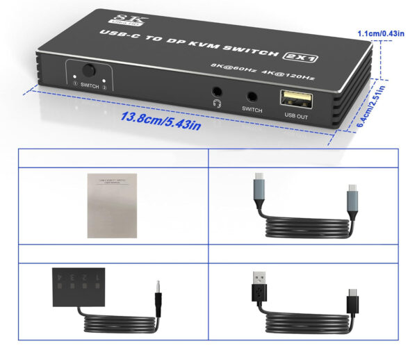 Przełącznik USB-C KVM 2-portowy 8K@60Hz 4K@120Hz z DP 3xUSB 2.0 audio 2 kable USB-C - obrazek 4