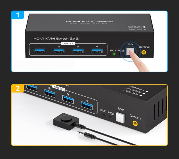 UŻYWANY Przełącznik KVM HDMI 4K120Hz 2PC 2 monitory 8K 4xUSB3.0 z kablami - obrazek 2