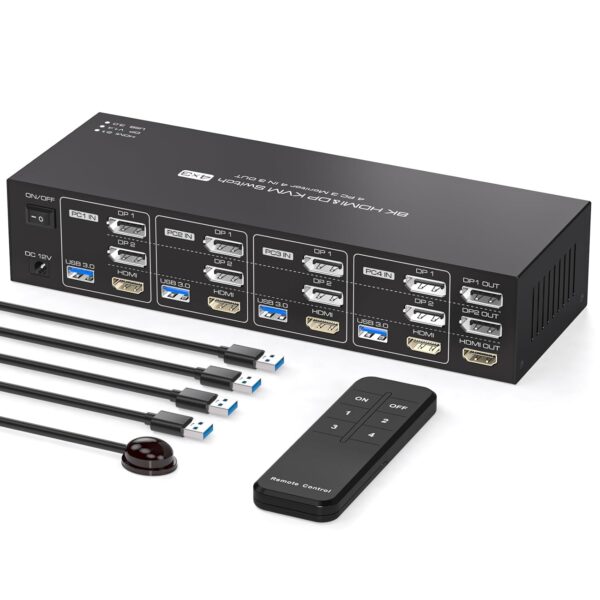 Przełącznik KVM 8K 4xPC 3xMonitor 4K144Hz 2xDP+HDMI 4xUSB 3.0 z kontrolerem