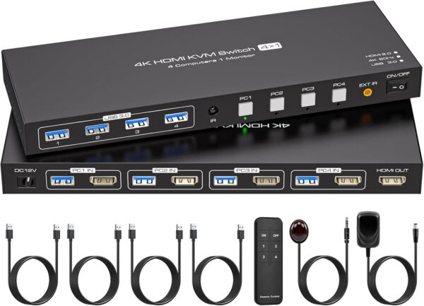 Przełącznik KVM VPFET 4x PC USB 3.0 HDMI 4K60Hz 1 monitor 4 porty HDMI zasilacz