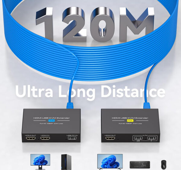 Przedłużacz KVM VEDINDUST, HDMI, USB 120M, RJ45, Cat5e/6/7 Full HD - obrazek 6