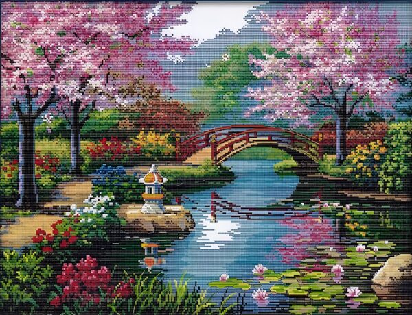 Zestaw do haftu krzyżykowego Sakura 50x40 cm pełny zestaw z niciami, igłami i wzorem kwitnącej wiśni do haftowania