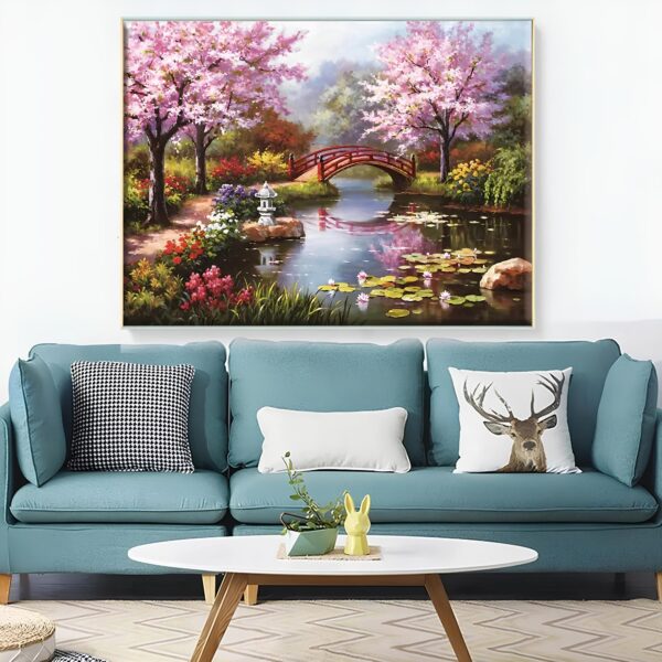Zestaw do haftu krzyżykowego Sakura 50x40 cm pełny zestaw z niciami, igłami i wzorem kwitnącej wiśni do haftowania - obrazek 3
