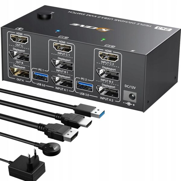 Kontroler KVM YOUTINGHDAV KC-KVM203DH dla 2 PC i 3 monitorów, 4K@144Hz
