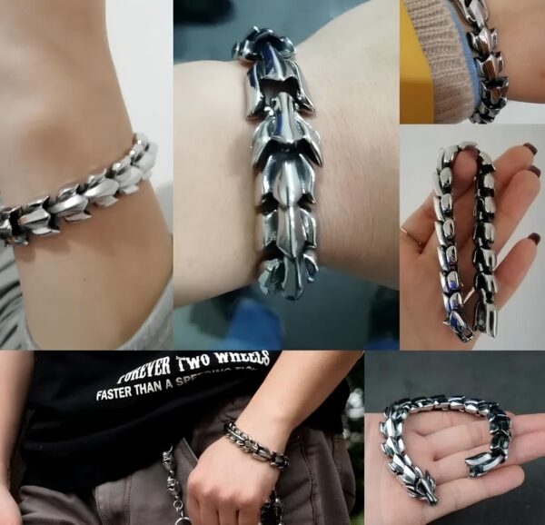 Stalowa bransoletka w kształcie smoka 19 cm męska bransoleta z detalami smoka z nierdzewnej stali, stylowa biżuteria - obrazek 6