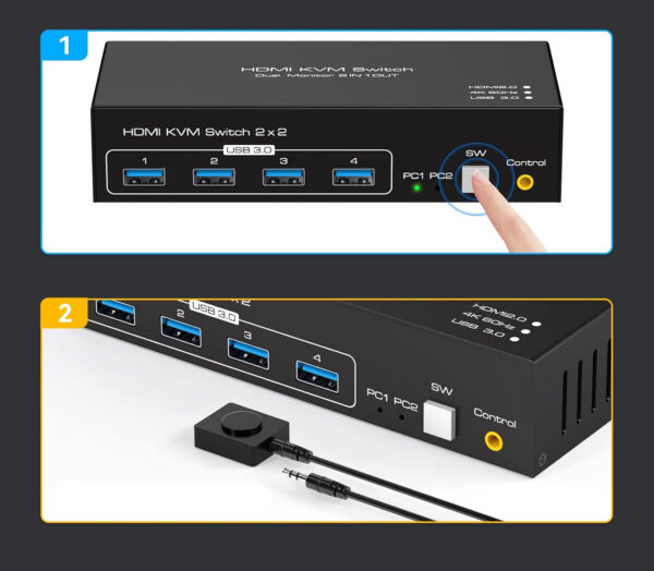 NIEKOMPLETNY Przełącznik KVM HDMI 2xPC 2xMonitor 4K60Hz USB 3.0 podwójny ekran - obrazek 3