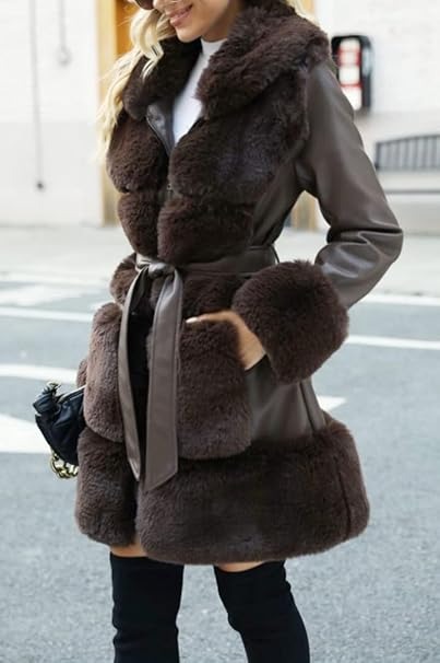 Płaszcz damski Giolshon długi z paskiem ocieplany polar parka imitacja skóry i wełny M - obrazek 6