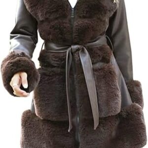 Płaszcz damski Giolshon długi z paskiem ocieplany polar parka imitacja skóry i wełny M