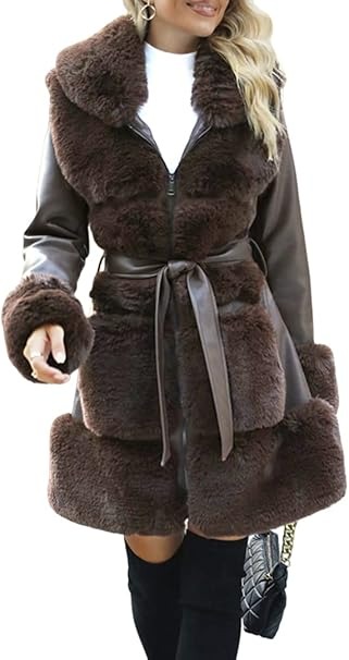 Płaszcz damski Giolshon długi z paskiem ocieplany polar parka imitacja skóry i wełny M